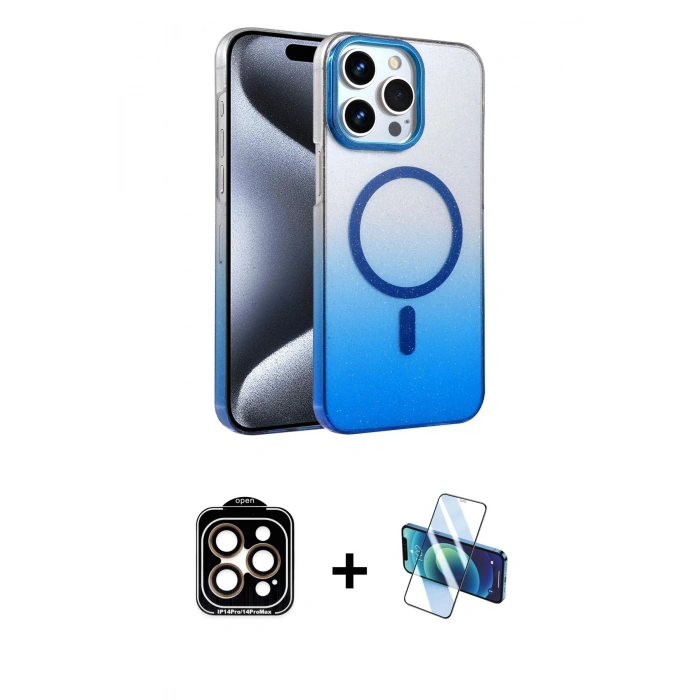 MARSİLYAN™- iPhone 14 Pro Max Kılıf Ahenk Doku Özel Seri - Siyah 3D Antistatik Cam Ekran Koruyucu + PVD Metal Kamera Lens - TU
