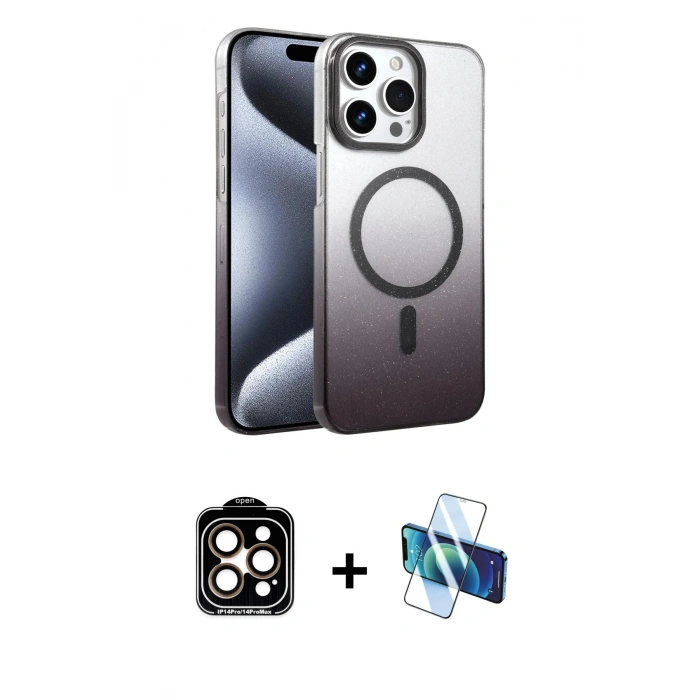 MARSİLYAN™- iPhone 14 Pro Max Kılıf Ahenk Doku Özel Seri - Siyah 3D Antistatik Cam Ekran Koruyucu + PVD Metal Kamera Lens - TU