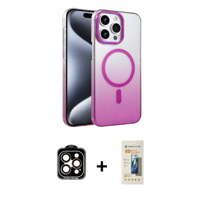 MARSİLYAN™- iPhone 14 Pro Max Kılıf Ahenk Doku Özel Seri - Siyah 6D Mat Seramik Hayalet Nano Ekran Koruyucu + PVD Metal Kamera Lens - TU