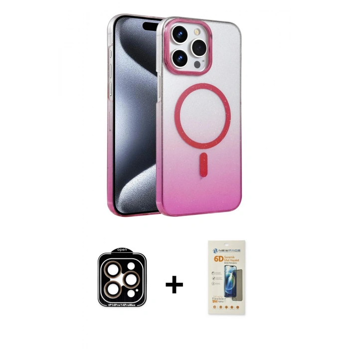 MARSİLYAN™- iPhone 14 Pro Max Kılıf Ahenk Doku Özel Seri - Siyah 6D Mat Seramik Hayalet Nano Ekran Koruyucu + PVD Metal Kamera Lens - TU