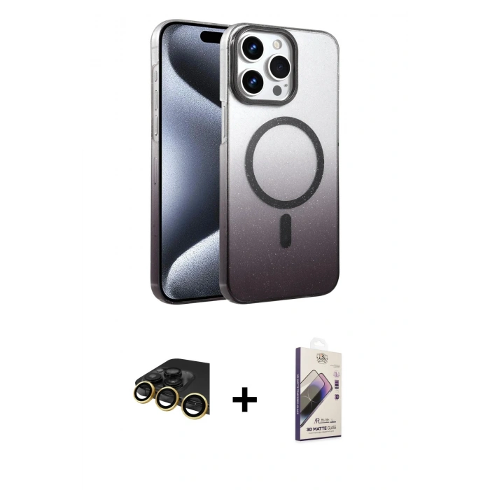 MARSİLYAN™- iPhone 14 Pro Max Kılıf Ahenk Doku Özel Seri - Siyah Bilvis 3D Mat Cam Ekran Koruyucu + Raze Metal Kamera Lens - GD