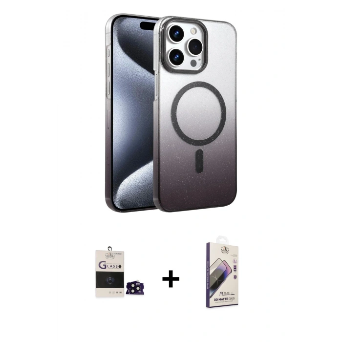 MARSİLYAN™- iPhone 14 Pro Max Kılıf Ahenk Doku Özel Seri - Siyah Bilvis 3D Mat Cam Ekran Koruyucu + Bilvis Titan Kamera Lens - SH