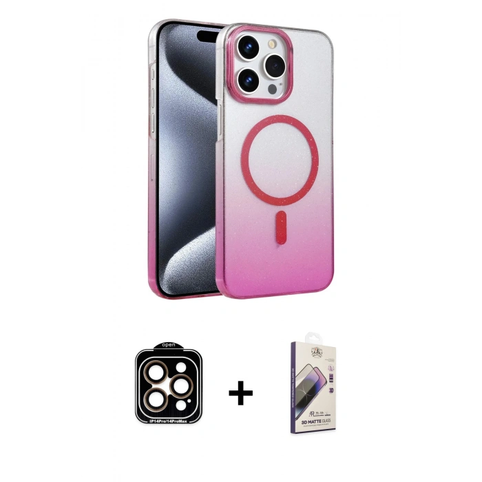 MARSİLYAN™- iPhone 14 Pro Max Kılıf Ahenk Doku Özel Seri - Siyah Bilvis 3D Mat Cam Ekran Koruyucu + PVD Metal Kamera Lens - TU