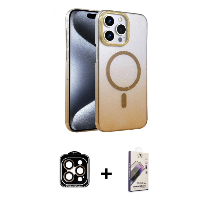 MARSİLYAN™- iPhone 14 Pro Max Kılıf Ahenk Doku Özel Seri - Siyah Bilvis 3D Mat Cam Ekran Koruyucu + PVD Metal Kamera Lens - TU