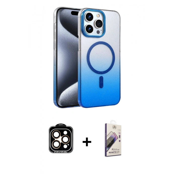 MARSİLYAN™- iPhone 14 Pro Max Kılıf Ahenk Doku Özel Seri - Siyah Bilvis 3D Mat Cam Ekran Koruyucu + PVD Metal Kamera Lens - TU