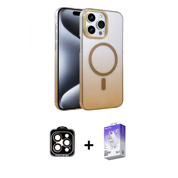MARSİLYAN™- iPhone 14 Pro Max Kılıf Ahenk Doku Özel Seri - Siyah Bilvis 5in1 3D Magic Cam Ekran Koruyucu + Turuncu PVD Metal Kamera Lens