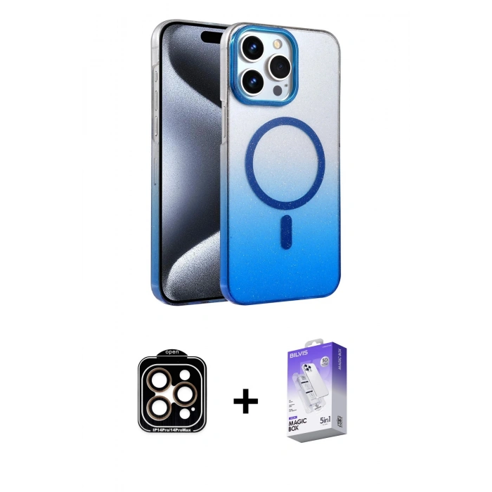 MARSİLYAN™- iPhone 14 Pro Max Kılıf Ahenk Doku Özel Seri - Siyah Bilvis 5in1 3D Magic Cam Ekran Koruyucu + Turuncu PVD Metal Kamera Lens