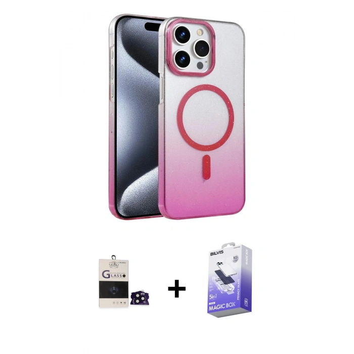MARSİLYAN™- iPhone 14 Pro Max Kılıf Ahenk Doku Özel Seri - Siyah Bilvis 5in1 5D Magic Hayalet Cam Ekran Koruyucu + Bilvis Titan Kamera Lens - SH