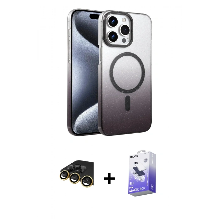 MARSİLYAN™- iPhone 14 Pro Max Kılıf Ahenk Doku Özel Seri - Siyah Bilvis 5in1 5D Magic Hayalet Cam Ekran Koruyucu + Gold Raze Metal Kamera Lens