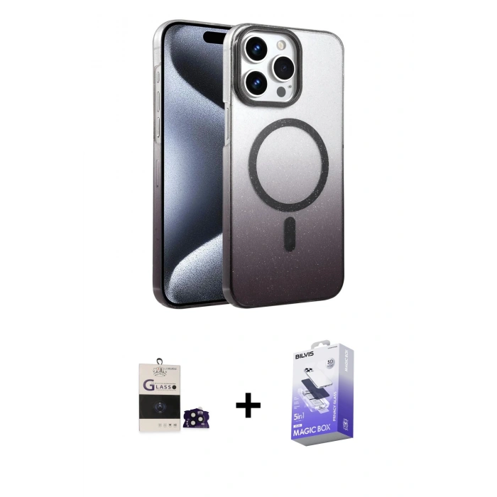 MARSİLYAN™- iPhone 14 Pro Max Kılıf Ahenk Doku Özel Seri - Siyah Bilvis 5in1 5D Magic Hayalet Cam Ekran Koruyucu + Bilvis Titan Kamera Lens - SH