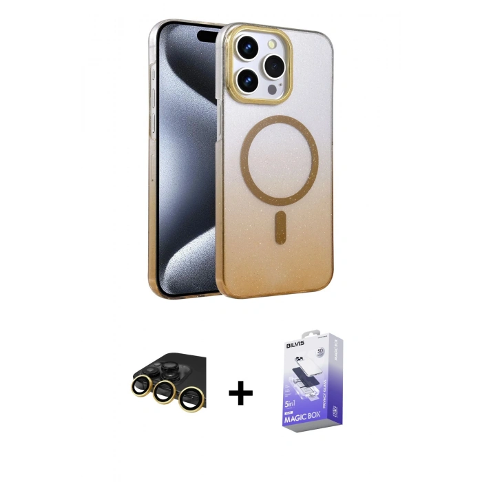 MARSİLYAN™- iPhone 14 Pro Max Kılıf Ahenk Doku Özel Seri - Siyah Bilvis 5in1 5D Magic Hayalet Cam Ekran Koruyucu + Gold Raze Metal Kamera Lens