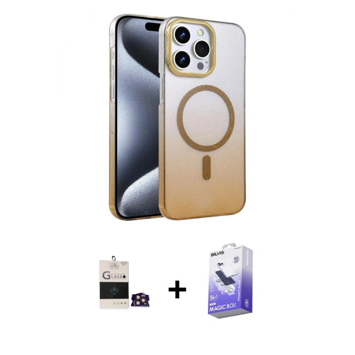 MARSİLYAN™- iPhone 14 Pro Max Kılıf Ahenk Doku Özel Seri - Siyah Bilvis 5in1 5D Magic Hayalet Cam Ekran Koruyucu + Bilvis Titan Kamera Lens - GD