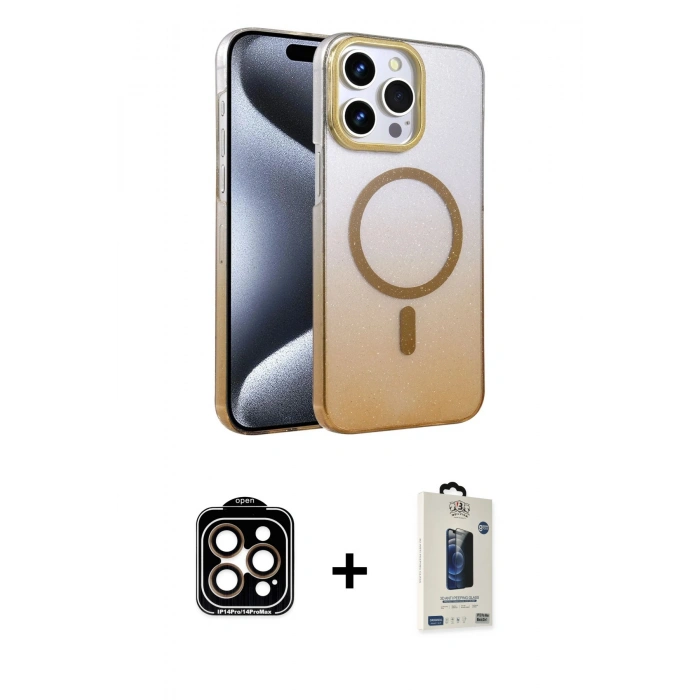 MARSİLYAN™- iPhone 14 Pro Max Kılıf Ahenk Doku Özel Seri - Siyah Bilvis Hayalet Cam Ekran Koruyucu + PVD Metal Kamera Lens - TU
