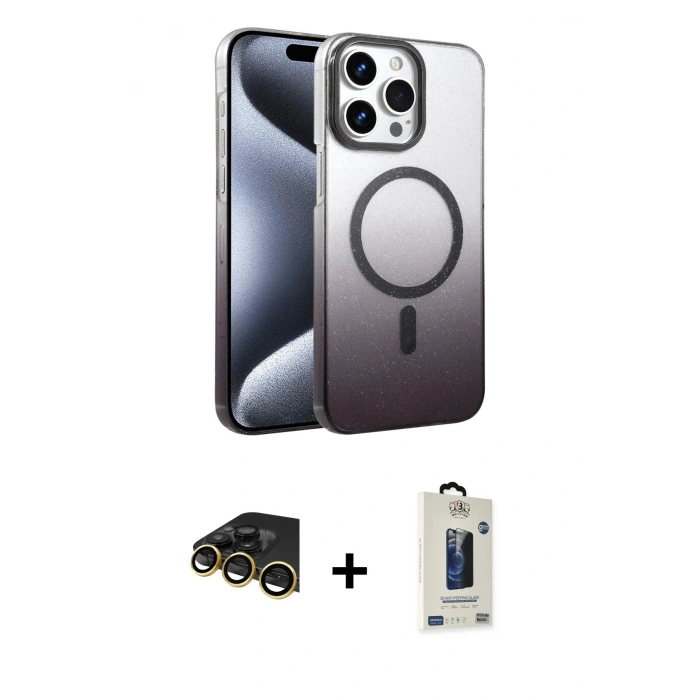 MARSİLYAN™- iPhone 14 Pro Max Kılıf Ahenk Doku Özel Seri - Siyah Bilvis Hayalet Cam Ekran Koruyucu + Raze Metal Kamera Lens - GD