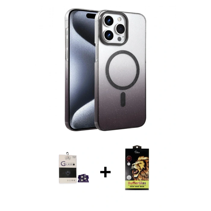 MARSİLYAN™- iPhone 14 Pro Max Kılıf Ahenk Doku Özel Seri - Siyah Buffer Cam Ekran Koruyucu + Gümüş Bilvis Titan Kamera Lens
