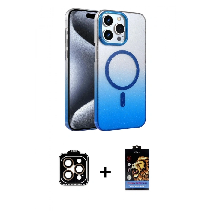 MARSİLYAN™- iPhone 14 Pro Max Kılıf Ahenk Doku Özel Seri - Siyah Buffer Hayalet Cam Ekran Koruyucu + Turuncu PVD Metal Kamera Lens