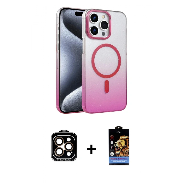 MARSİLYAN™- iPhone 14 Pro Max Kılıf Ahenk Doku Özel Seri - Siyah Buffer Hayalet Cam Ekran Koruyucu + Turuncu PVD Metal Kamera Lens