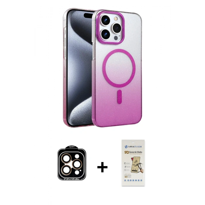 MARSİLYAN™- iPhone 14 Pro Max Kılıf Ahenk Doku Özel Seri - Siyah Mat Seramik Nano Ekran Koruyucu + PVD Metal Kamera Lens - TU