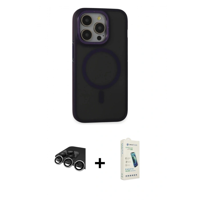 MARSİLYAN™- iPhone 14 Pro Max Kılıf Ahenk Form Serisi - Şeffaf Pasifik Cam Ekran Koruyucu + Gümüş Raze Metal Kamera Lens