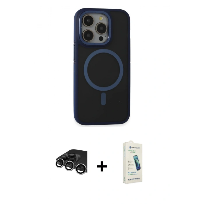MARSİLYAN™- iPhone 14 Pro Max Kılıf Ahenk Form Serisi - Şeffaf Pasifik Cam Ekran Koruyucu + Gümüş Raze Metal Kamera Lens