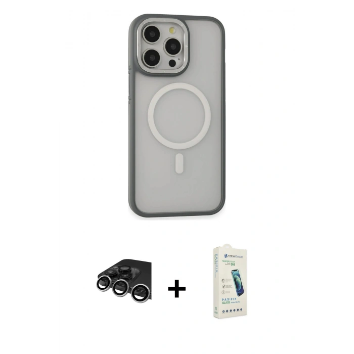 MARSİLYAN™- iPhone 14 Pro Max Kılıf Ahenk Form Serisi - Şeffaf Pasifik Cam Ekran Koruyucu + Gümüş Raze Metal Kamera Lens