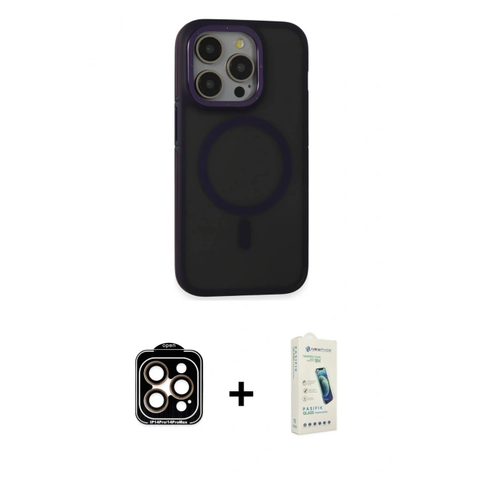 MARSİLYAN™- iPhone 14 Pro Max Kılıf Ahenk Form Serisi - Şeffaf Pasifik Cam Ekran Koruyucu + PVD Metal Kamera Lens - TU