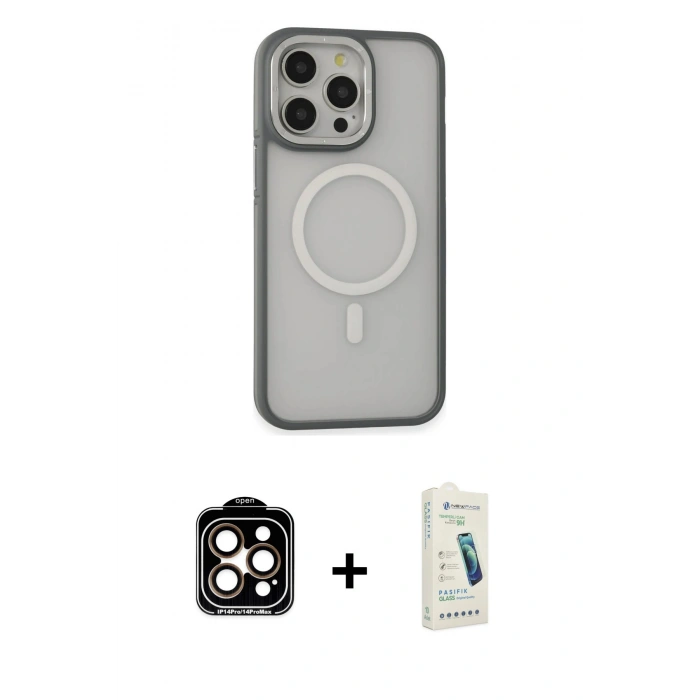 MARSİLYAN™- iPhone 14 Pro Max Kılıf Ahenk Form Serisi - Şeffaf Pasifik Cam Ekran Koruyucu + PVD Metal Kamera Lens - TU