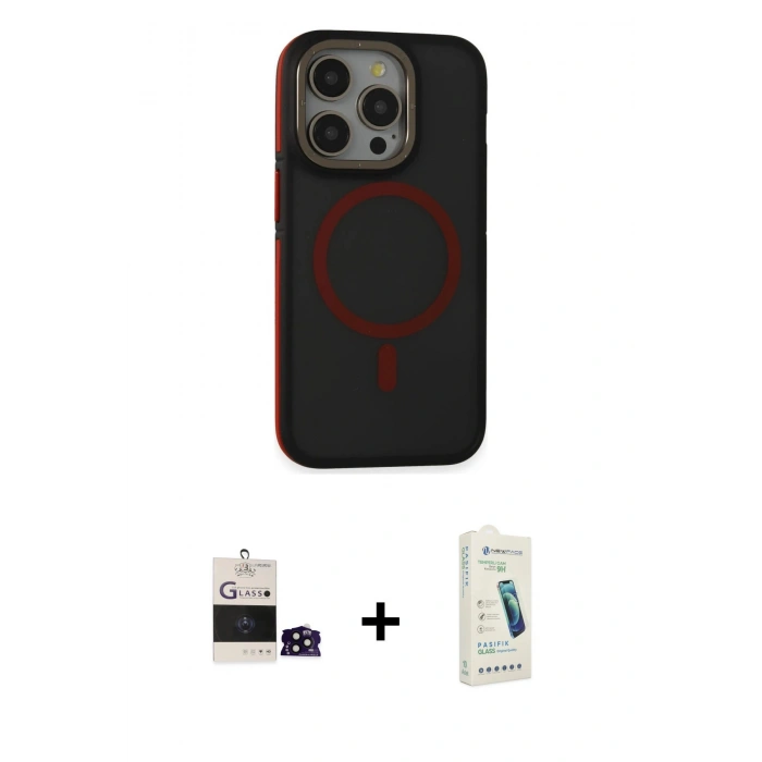 MARSİLYAN™- iPhone 14 Pro Max Kılıf Ahenk Form Serisi - Şeffaf Pasifik Cam Ekran Koruyucu + Siyah Bilvis Titan Kamera Lens