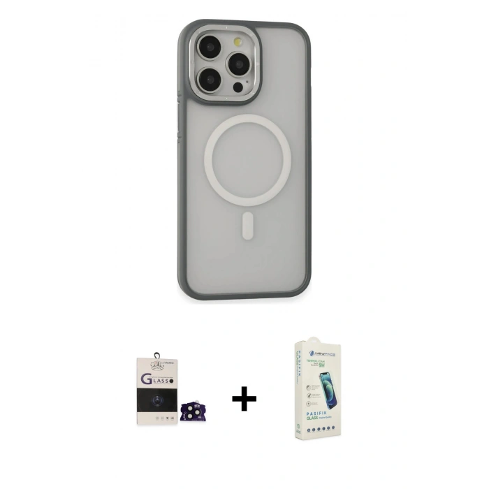 MARSİLYAN™- iPhone 14 Pro Max Kılıf Ahenk Form Serisi - Şeffaf Pasifik Cam Ekran Koruyucu + Siyah Bilvis Titan Kamera Lens