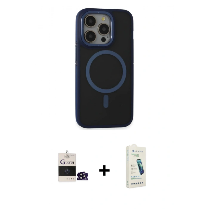 MARSİLYAN™- iPhone 14 Pro Max Kılıf Ahenk Form Serisi - Şeffaf Pasifik Cam Ekran Koruyucu + Siyah Bilvis Titan Kamera Lens