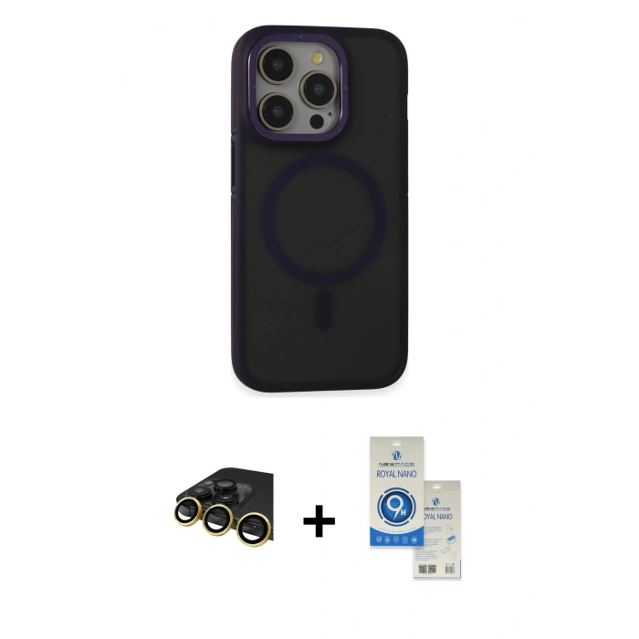 MARSİLYAN™- iPhone 14 Pro Max Kılıf Ahenk Form Serisi - Şeffaf Royal Nano Ekran Koruyucu + Raze Metal Kamera Lens - GD
