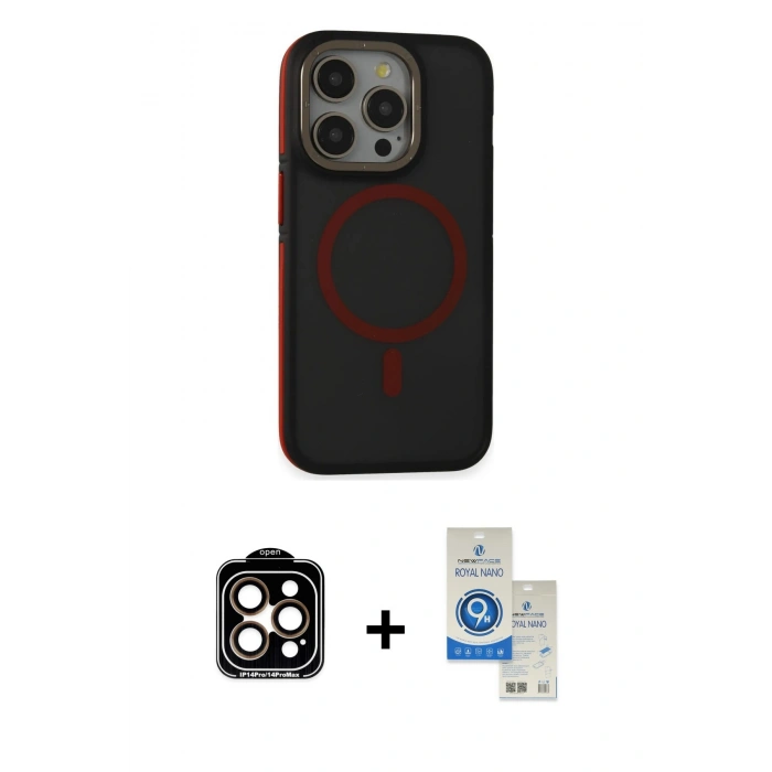 MARSİLYAN™- iPhone 14 Pro Max Kılıf Ahenk Form Serisi - Şeffaf Royal Nano Ekran Koruyucu + PVD Metal Kamera Lens - TU