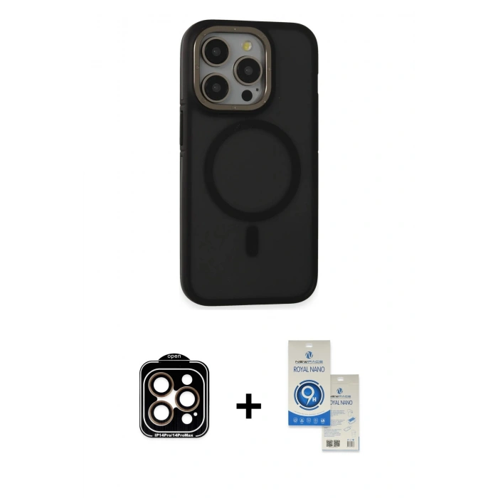 MARSİLYAN™- iPhone 14 Pro Max Kılıf Ahenk Form Serisi - Şeffaf Royal Nano Ekran Koruyucu + PVD Metal Kamera Lens - TU