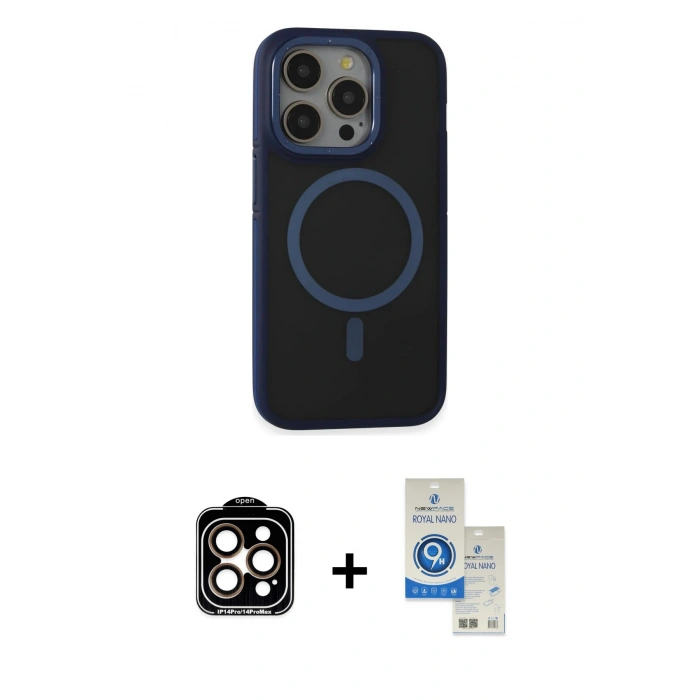 MARSİLYAN™- iPhone 14 Pro Max Kılıf Ahenk Form Serisi - Şeffaf Royal Nano Ekran Koruyucu + PVD Metal Kamera Lens - TU