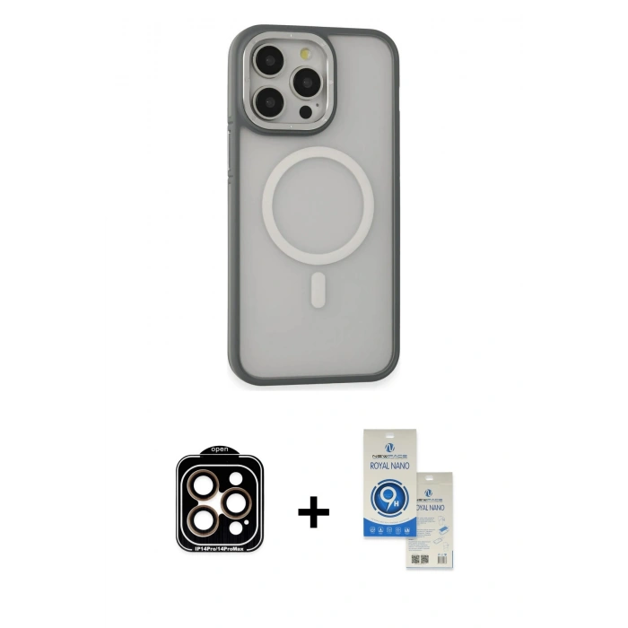 MARSİLYAN™- iPhone 14 Pro Max Kılıf Ahenk Form Serisi - Şeffaf Royal Nano Ekran Koruyucu + PVD Metal Kamera Lens - TU