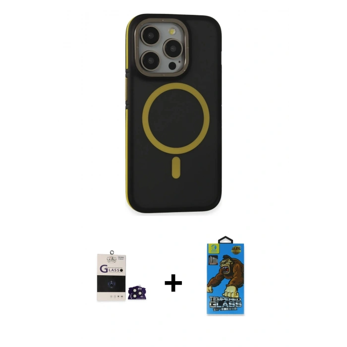 MARSİLYAN™- iPhone 14 Pro Max Kılıf Ahenk Form Serisi - Siyah 18D Cam Ekran Koruyucu + Bilvis Titan Kamera Lens - DNMR