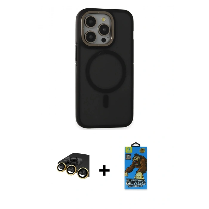 MARSİLYAN™- iPhone 14 Pro Max Kılıf Ahenk Form Serisi - Siyah 18D Cam Ekran Koruyucu + Raze Metal Kamera Lens - GD