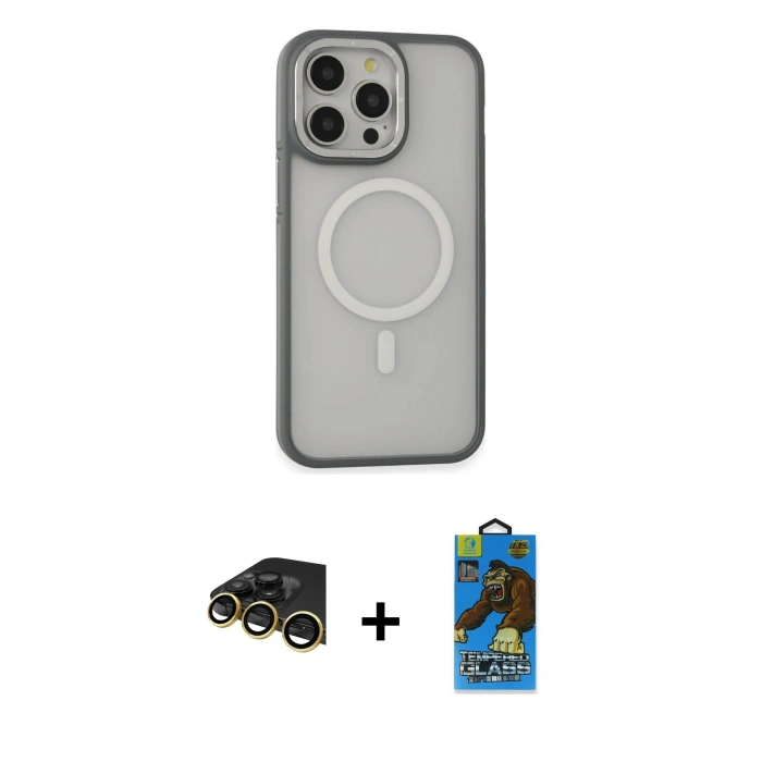 MARSİLYAN™- iPhone 14 Pro Max Kılıf Ahenk Form Serisi - Siyah 18D Cam Ekran Koruyucu + Raze Metal Kamera Lens - GD