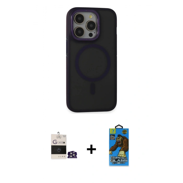 MARSİLYAN™- iPhone 14 Pro Max Kılıf Ahenk Form Serisi - Siyah 18D Cam Ekran Koruyucu + Gümüş Bilvis Titan Kamera Lens