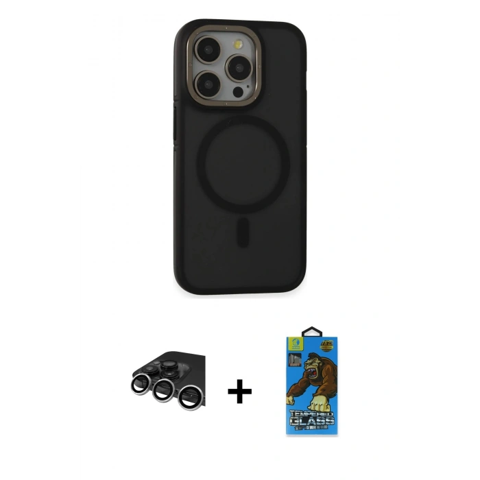 MARSİLYAN™- iPhone 14 Pro Max Kılıf Ahenk Form Serisi - Siyah 18D Cam Ekran Koruyucu + Raze Metal Kamera Lens - GS