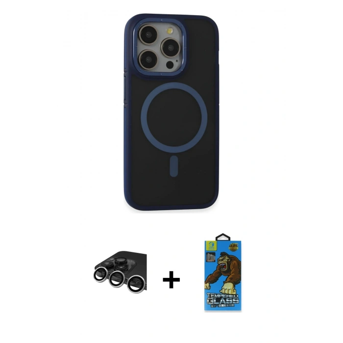 MARSİLYAN™- iPhone 14 Pro Max Kılıf Ahenk Form Serisi - Siyah 18D Cam Ekran Koruyucu + Raze Metal Kamera Lens - GS
