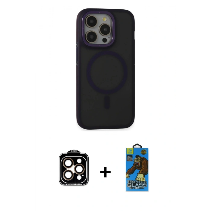 MARSİLYAN™- iPhone 14 Pro Max Kılıf Ahenk Form Serisi - Siyah 18D Cam Ekran Koruyucu + PVD Metal Kamera Lens - TU