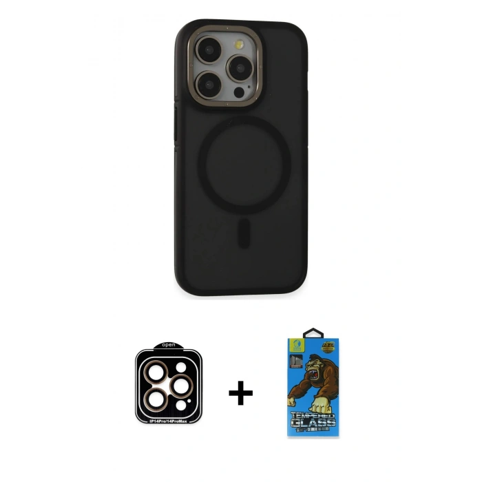 MARSİLYAN™- iPhone 14 Pro Max Kılıf Ahenk Form Serisi - Siyah 18D Cam Ekran Koruyucu + PVD Metal Kamera Lens - TU