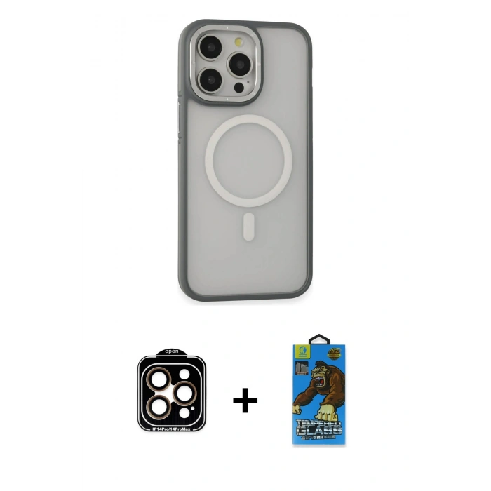 MARSİLYAN™- iPhone 14 Pro Max Kılıf Ahenk Form Serisi - Siyah 18D Cam Ekran Koruyucu + PVD Metal Kamera Lens - TU