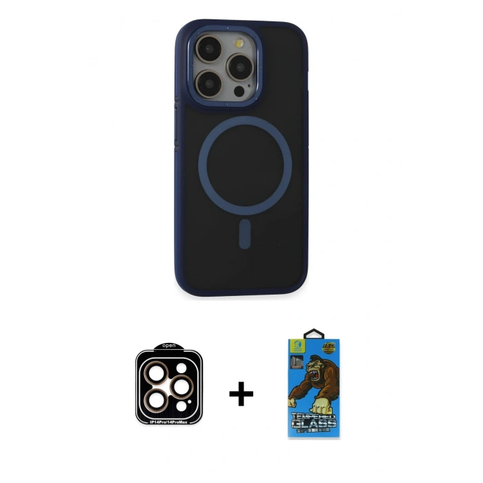MARSİLYAN™- iPhone 14 Pro Max Kılıf Ahenk Form Serisi - Siyah 18D Cam Ekran Koruyucu + PVD Metal Kamera Lens - TU