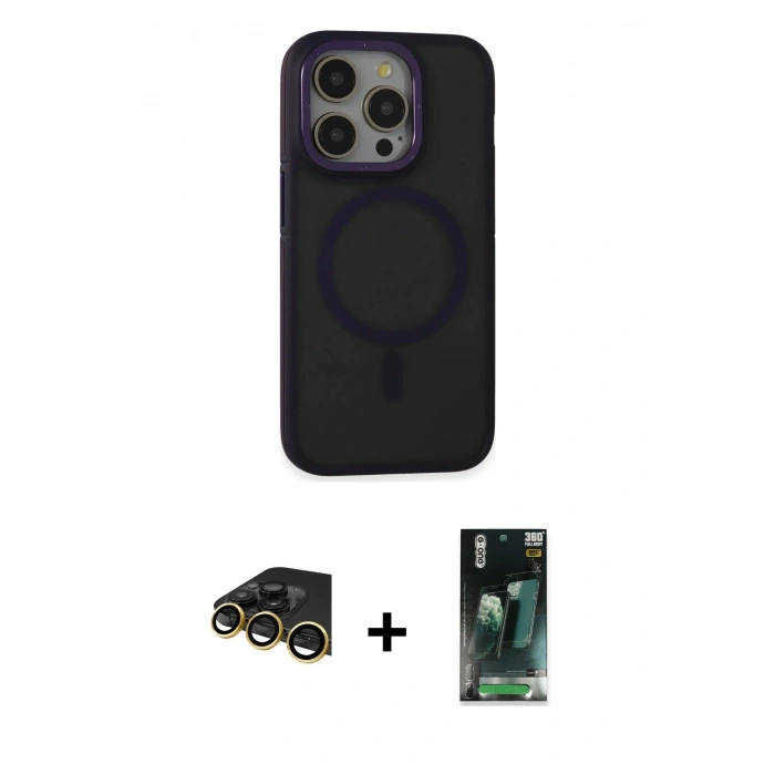 MARSİLYAN™- iPhone 14 Pro Max Kılıf Ahenk Form Serisi - Siyah 360 Mat Full Body Arka Koruyucu + Raze Metal Kamera Lens - GD
