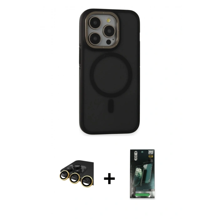 MARSİLYAN™- iPhone 14 Pro Max Kılıf Ahenk Form Serisi - Siyah 360 Mat Full Body Arka Koruyucu + Raze Metal Kamera Lens - GD