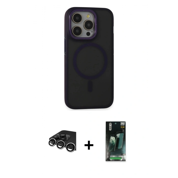 MARSİLYAN™- iPhone 14 Pro Max Kılıf Ahenk Form Serisi - Siyah 360 Mat Full Body Arka Koruyucu + Raze Metal Kamera Lens - GS