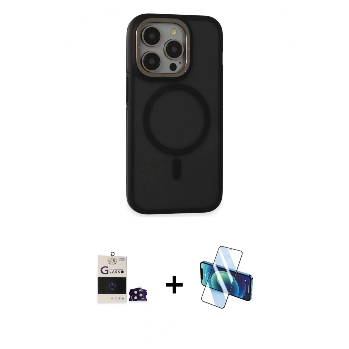MARSİLYAN™- iPhone 14 Pro Max Kılıf Ahenk Form Serisi - Siyah 3D Antistatik Cam Ekran Koruyucu + Derin Mor Bilvis Titan Kamera Lens