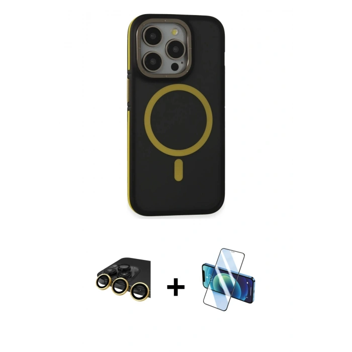 MARSİLYAN™- iPhone 14 Pro Max Kılıf Ahenk Form Serisi - Siyah 3D Antistatik Cam Ekran Koruyucu + Gold Raze Metal Kamera Lens